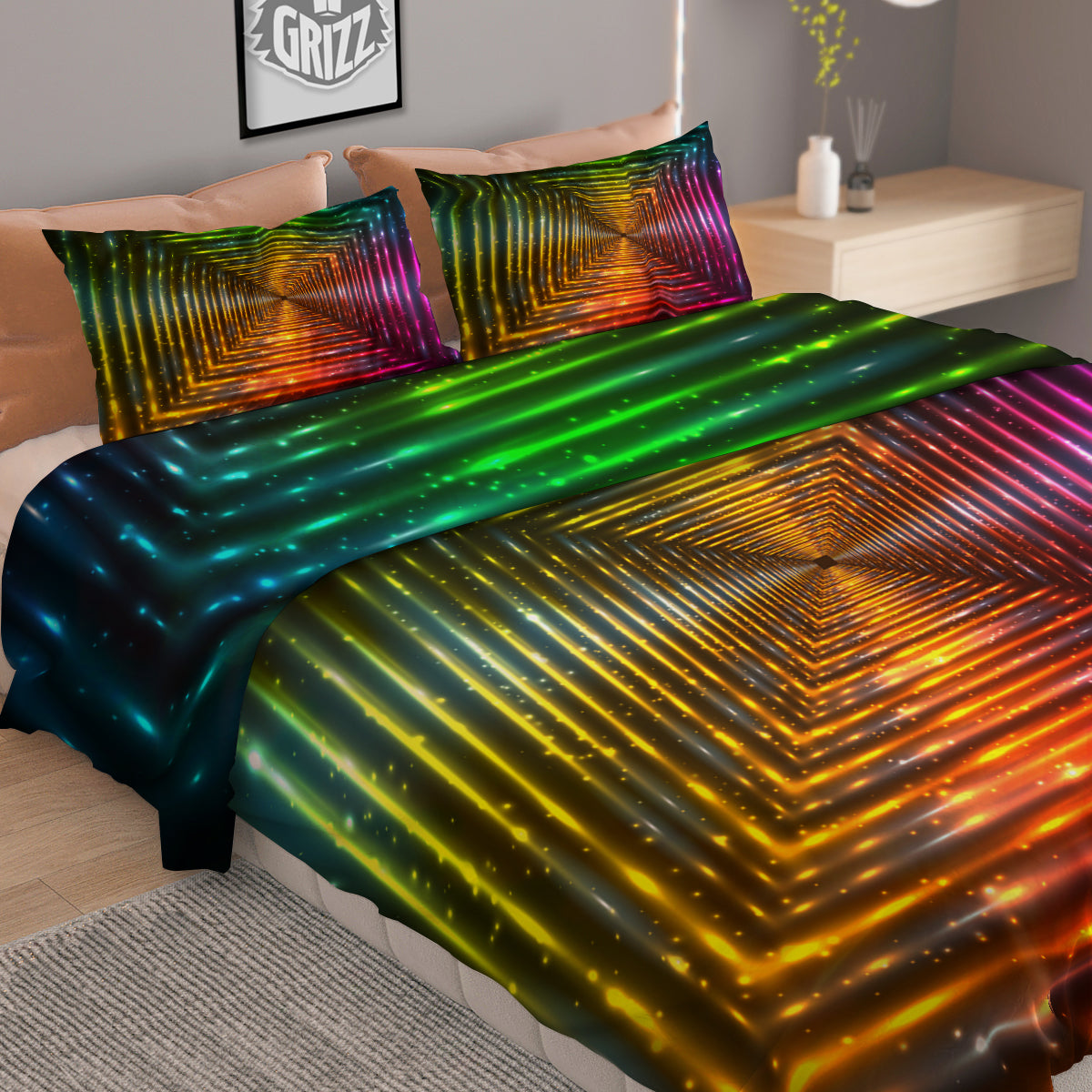Shining Lights Rainbow Colors Neon Print Duvet Cover Bedding Set
