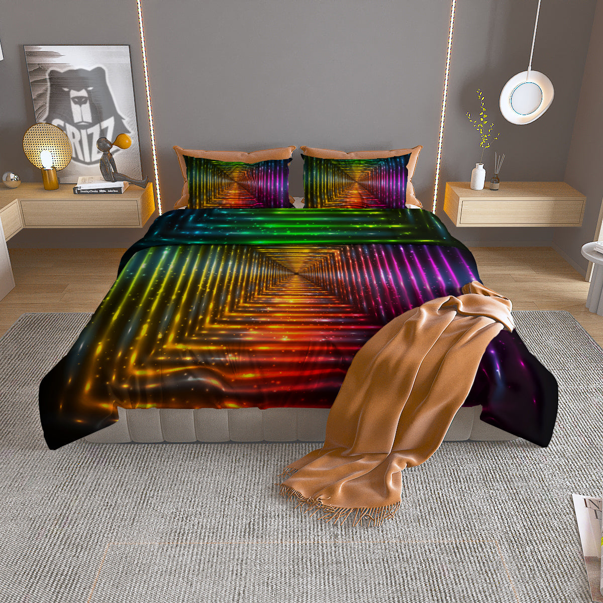 Shining Lights Rainbow Colors Neon Print Duvet Cover Bedding Set