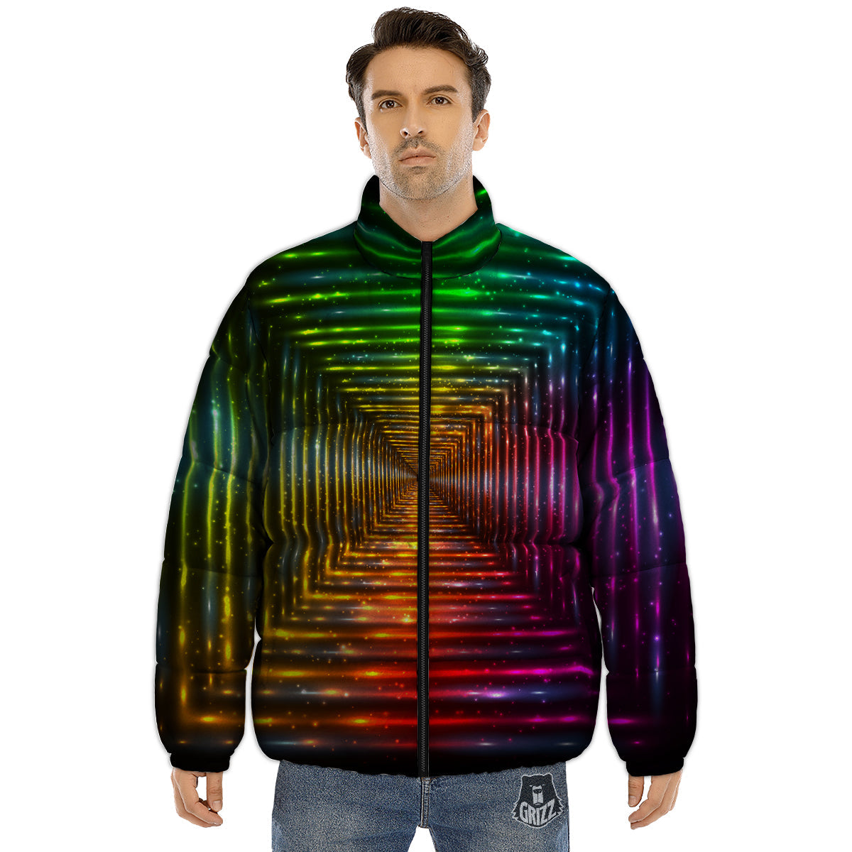 Shining Lights Rainbow Colors Neon Print Puffer Jacket-grizzshop