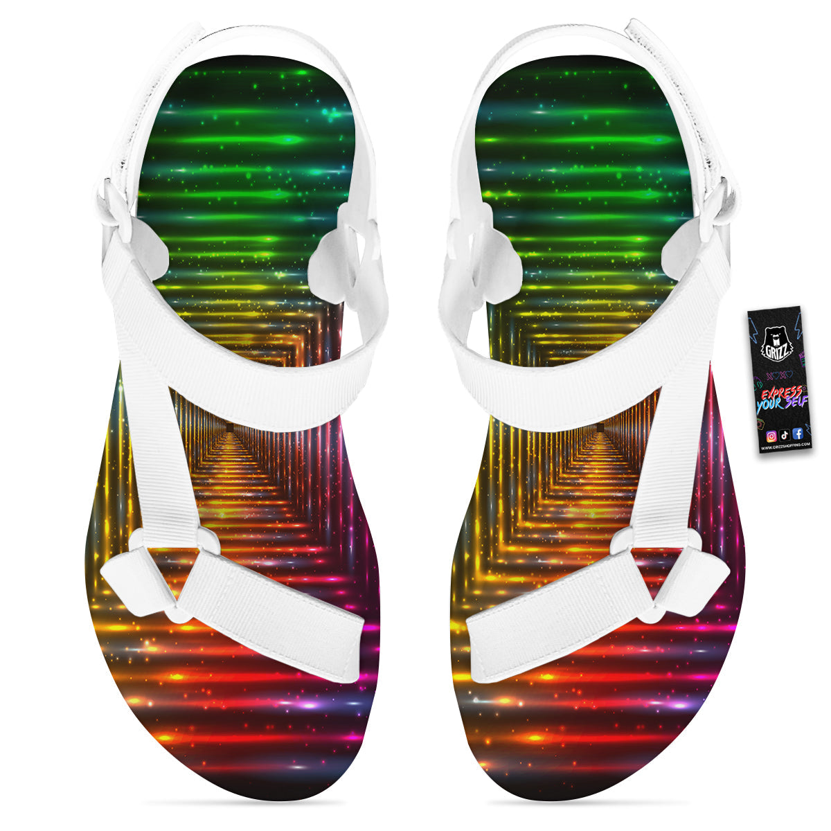 Shining Lights Rainbow Colors Neon Print White Open Toe Sandals-grizzshop
