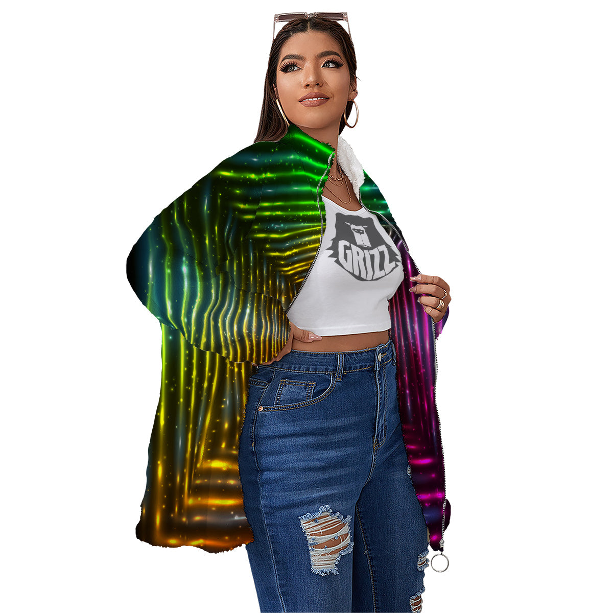 Shining Lights Rainbow Colors Neon Print Women's Sherpa Jacket-grizzshop