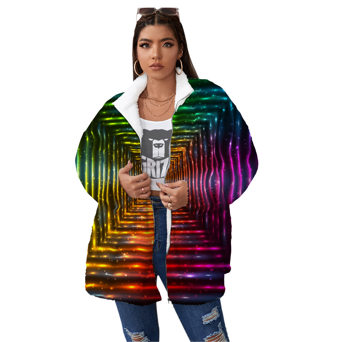 Shining Lights Rainbow Colors Neon Print Women's Sherpa Jacket-grizzshop