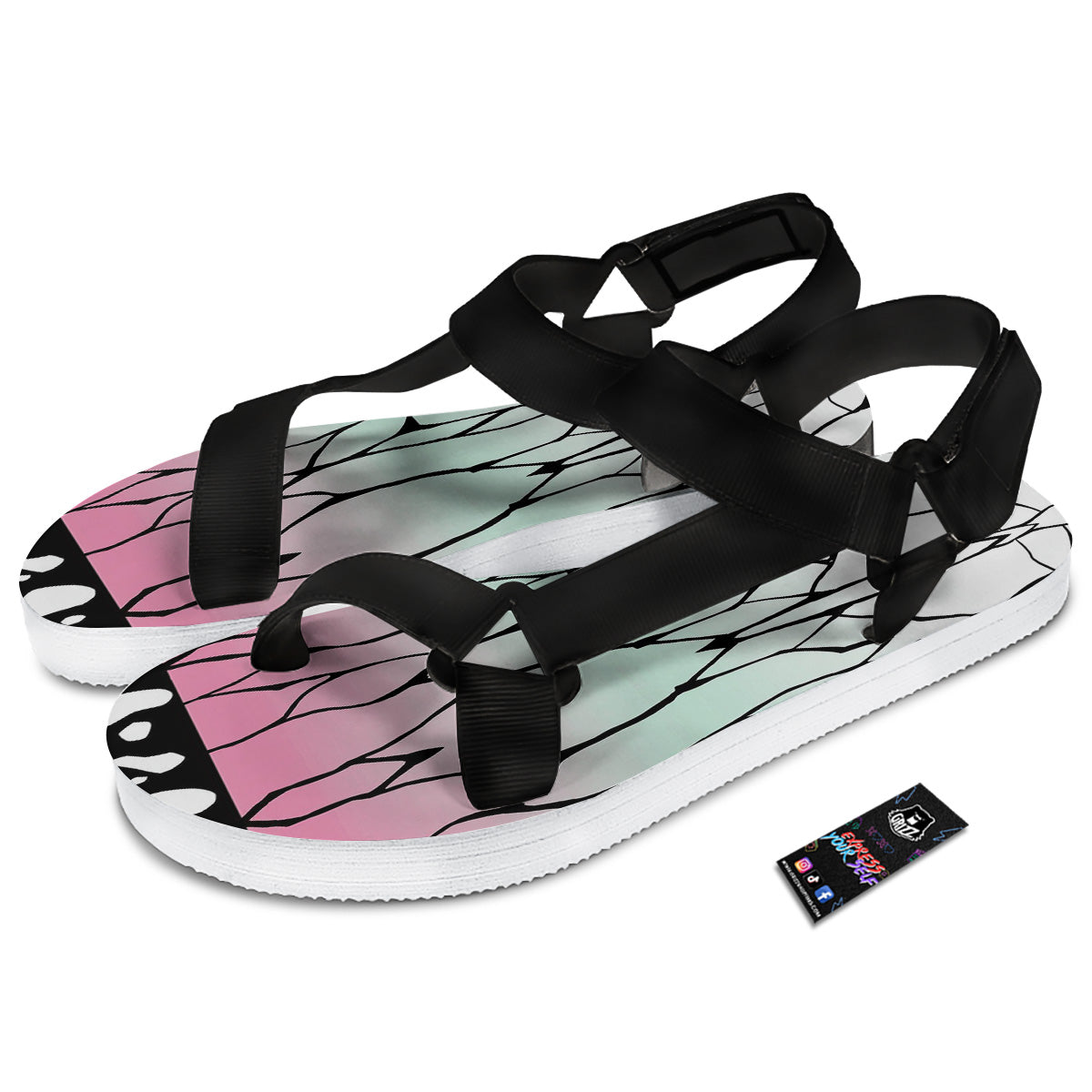 Shinobu Print Pattern Black Open Toe Sandals-grizzshop