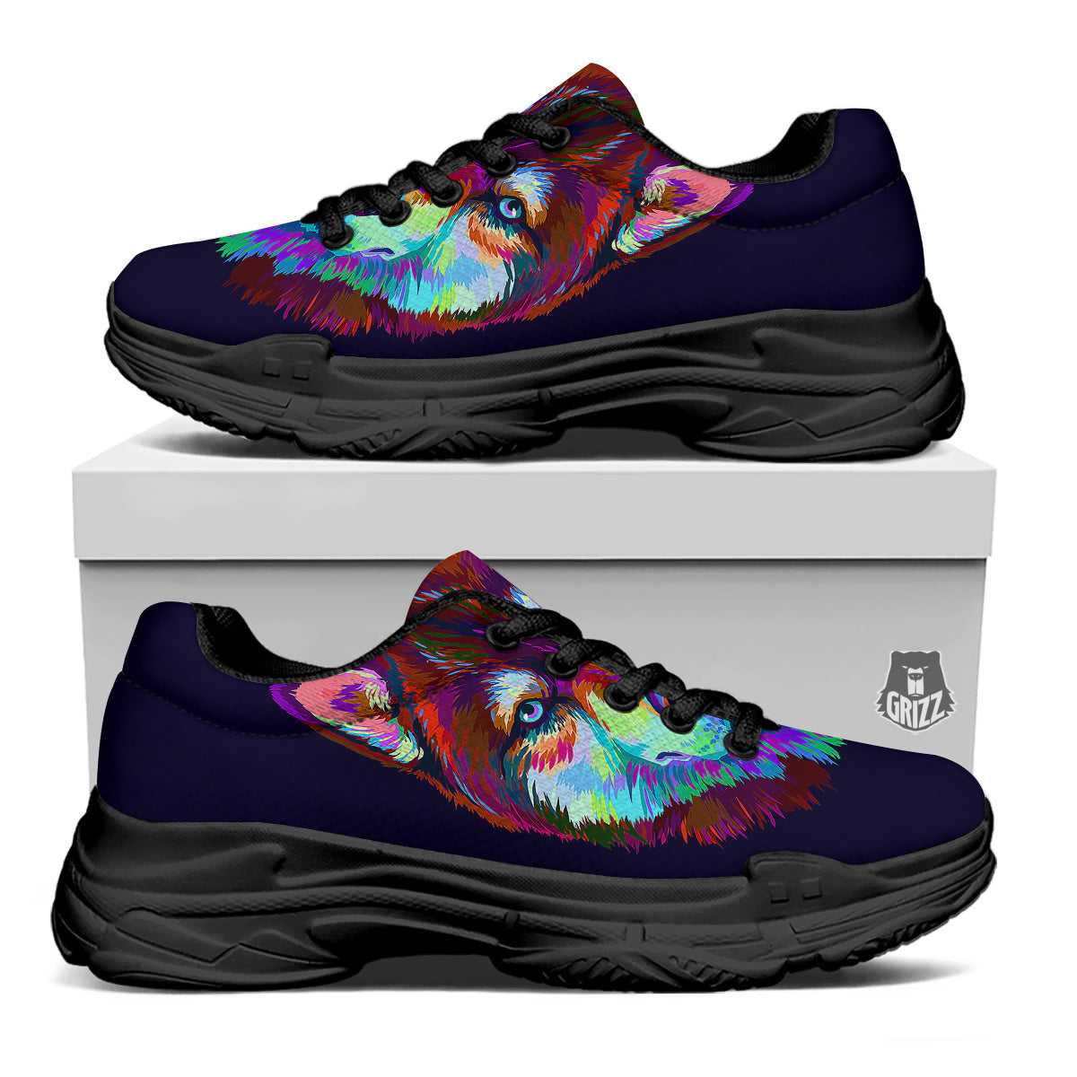 Siberian Husky Colorful Print Black Chunky Shoes-grizzshop