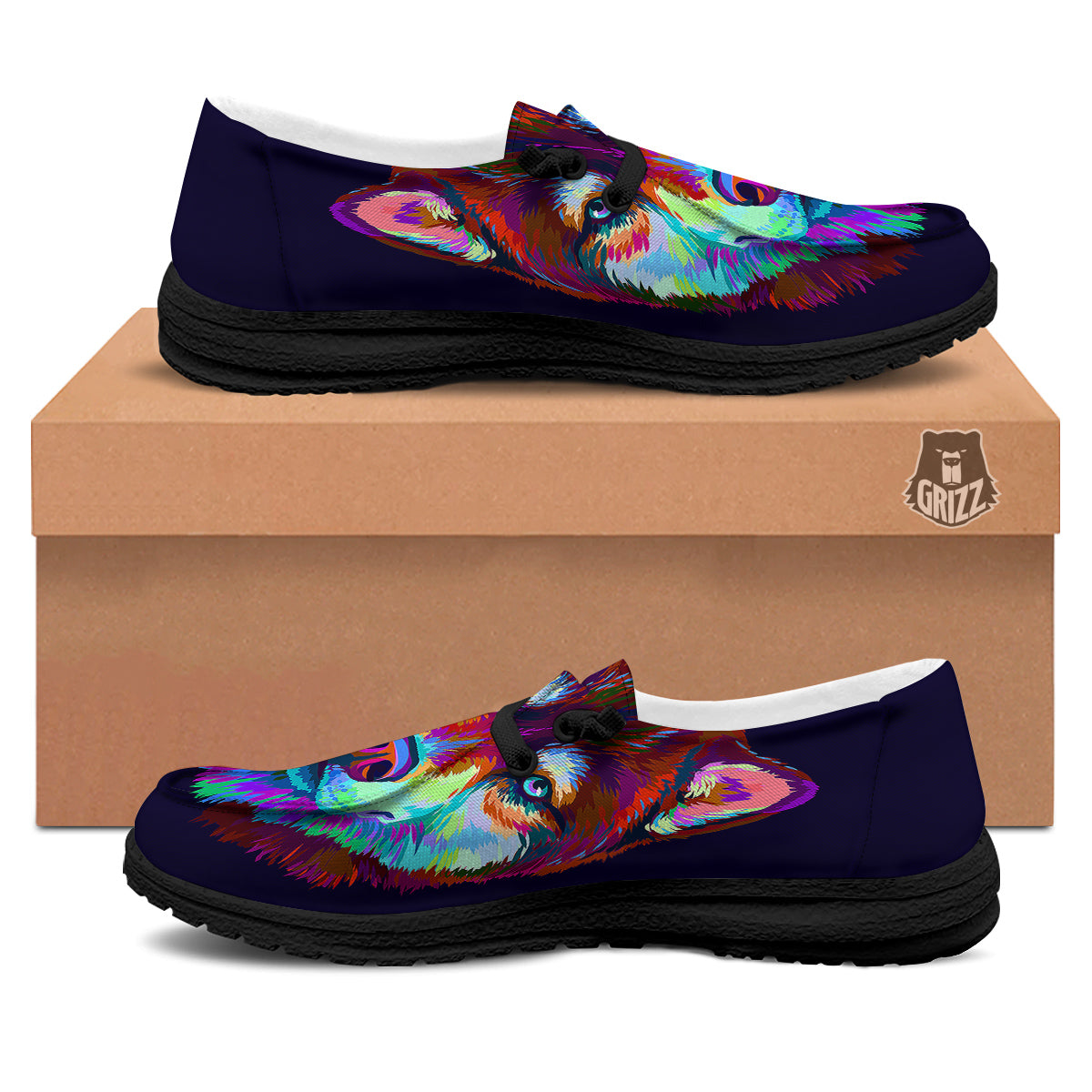 Siberian Husky Colorful Print Black Loafers-grizzshop