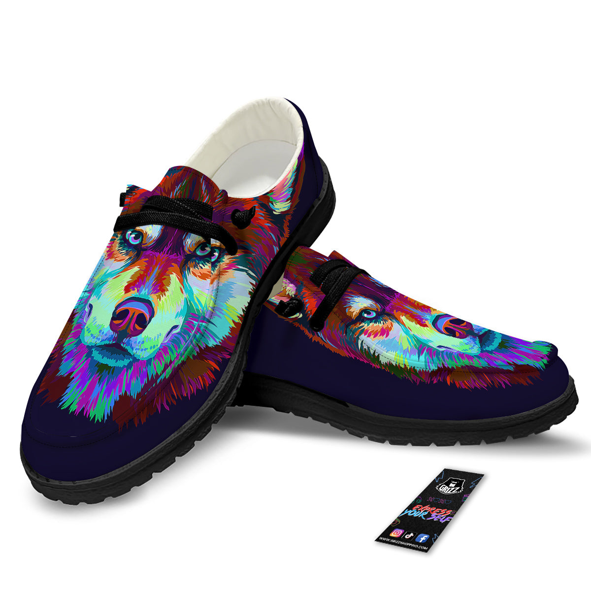 Siberian Husky Colorful Print Black Loafers-grizzshop