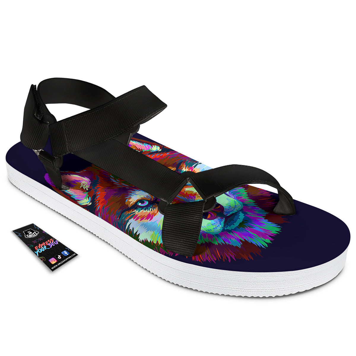 Siberian Husky Colorful Print Black Open Toe Sandals-grizzshop