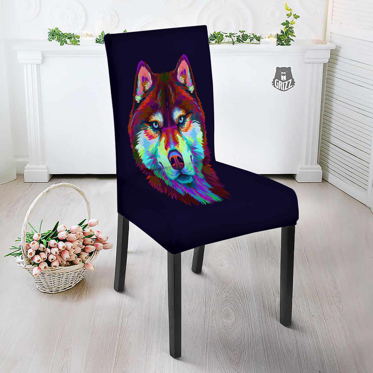 Siberian Husky Colorful Print Dining Chair Slipcover-grizzshop