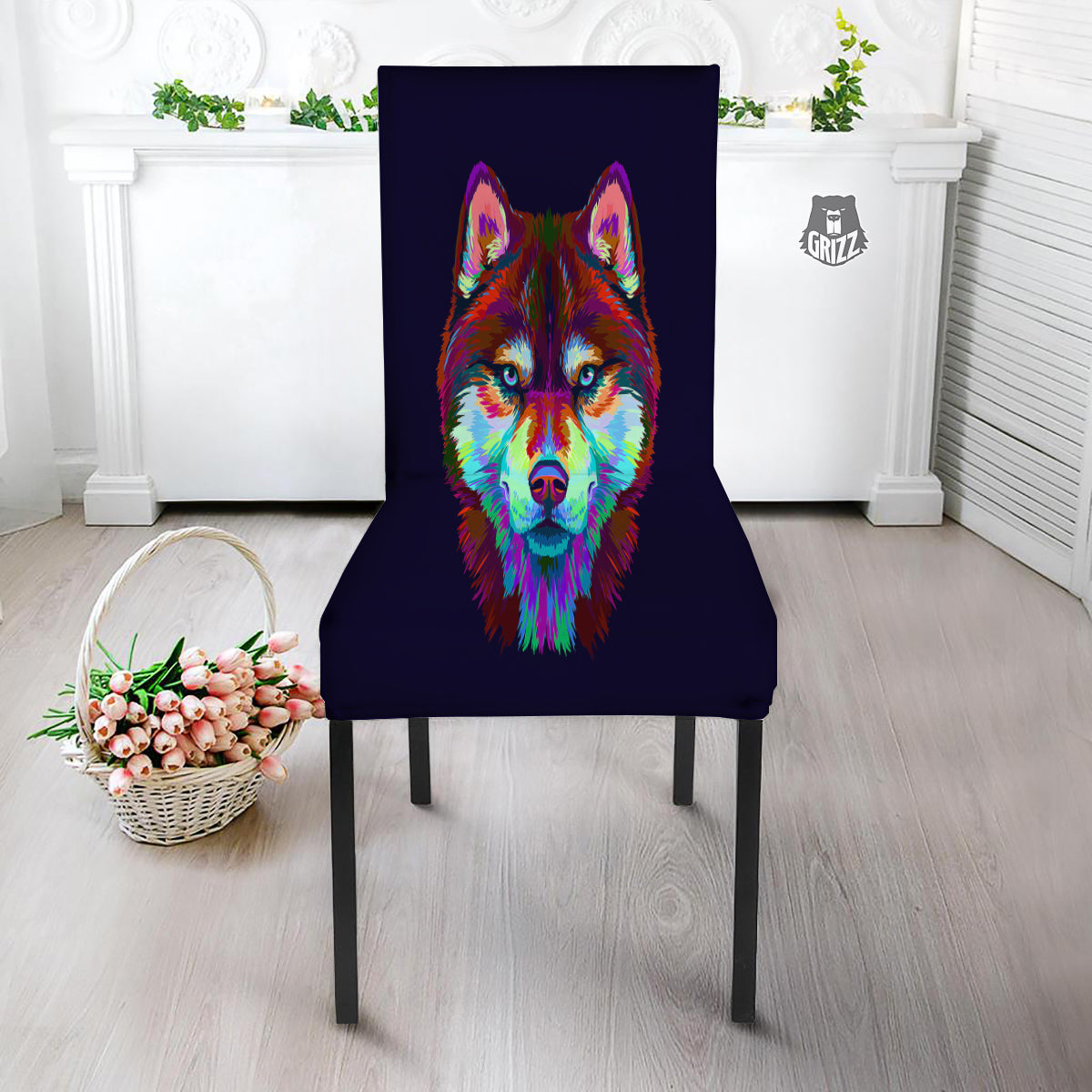 Siberian Husky Colorful Print Dining Chair Slipcover-grizzshop