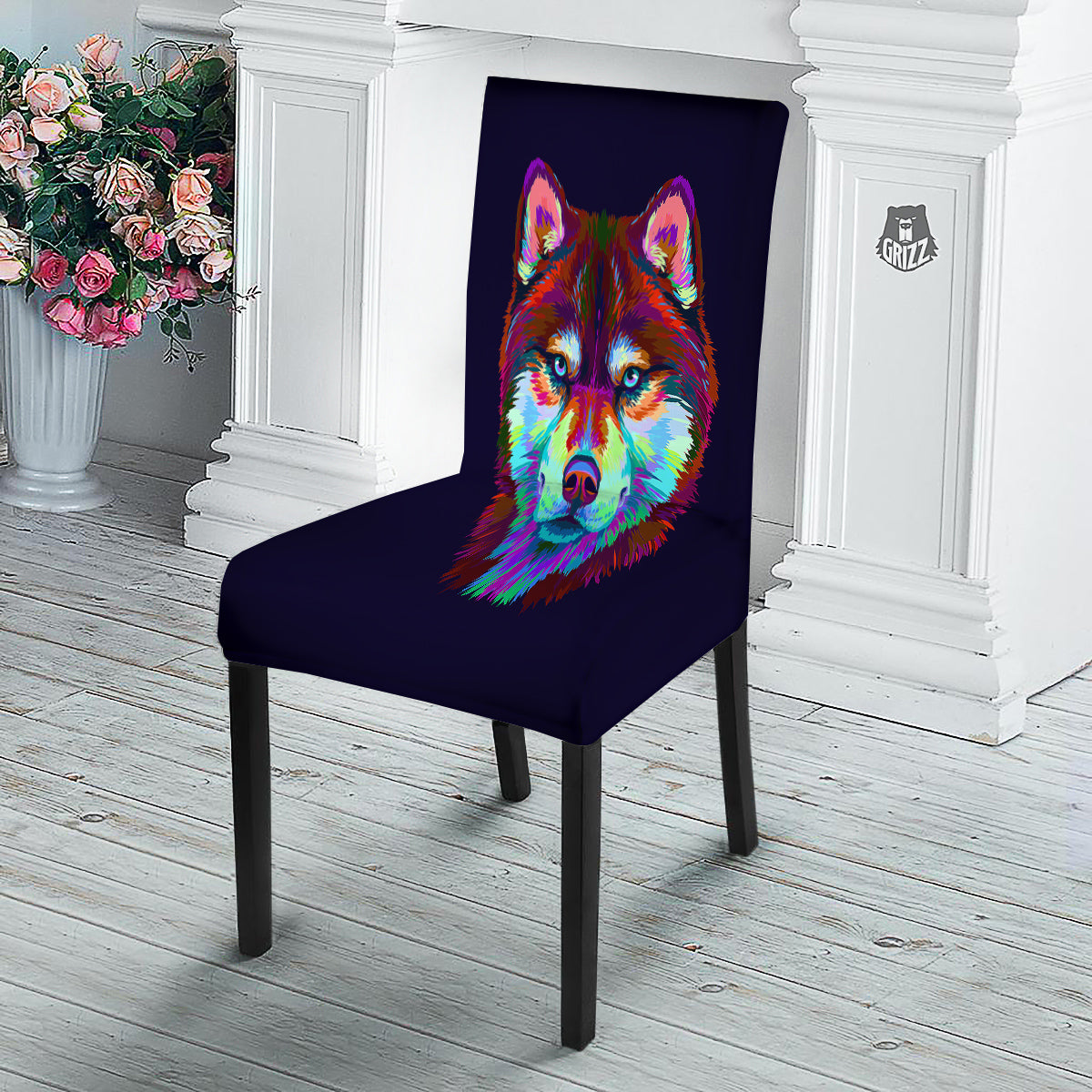 Siberian Husky Colorful Print Dining Chair Slipcover-grizzshop