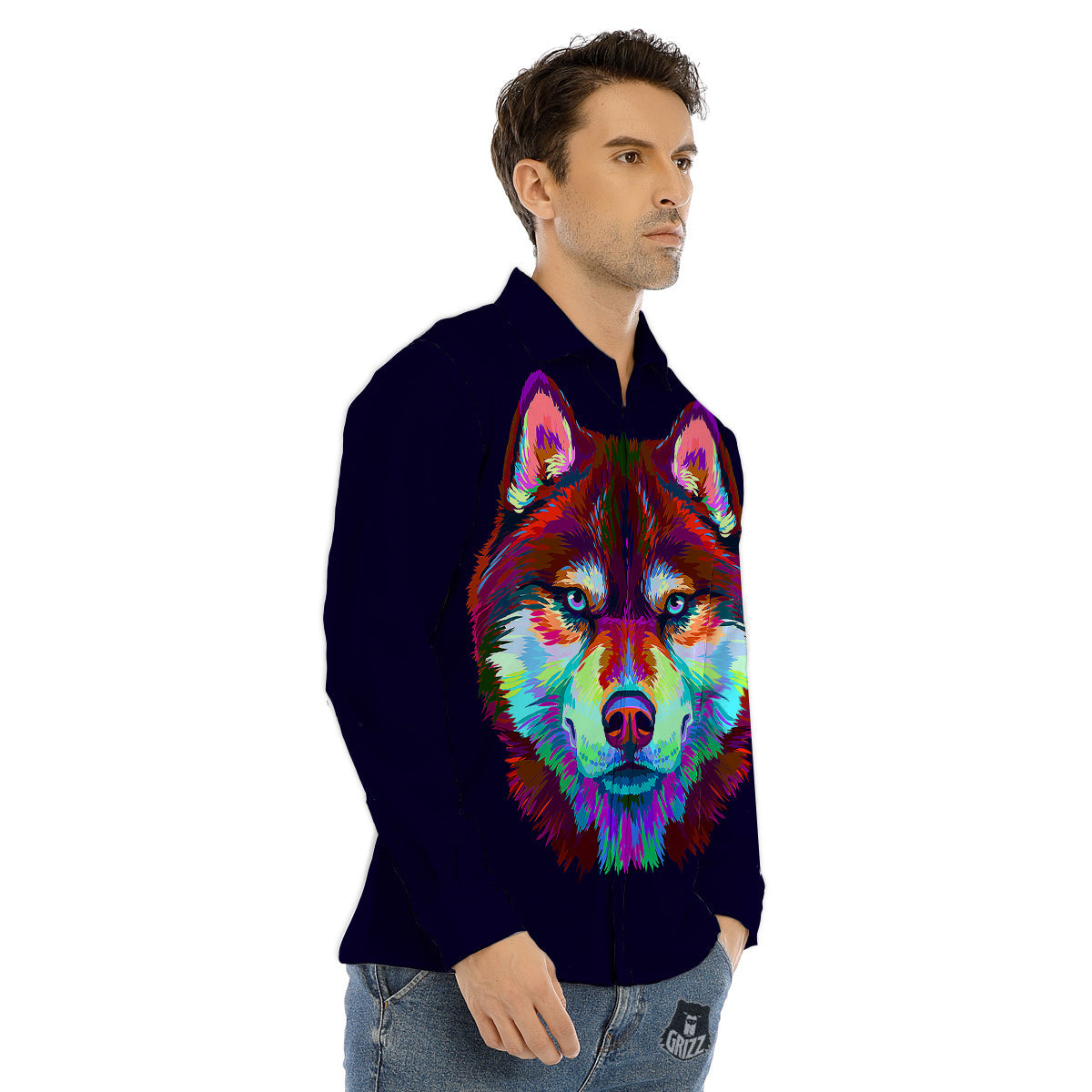 Siberian Husky Colorful Print Men's Dress Shirts-grizzshop