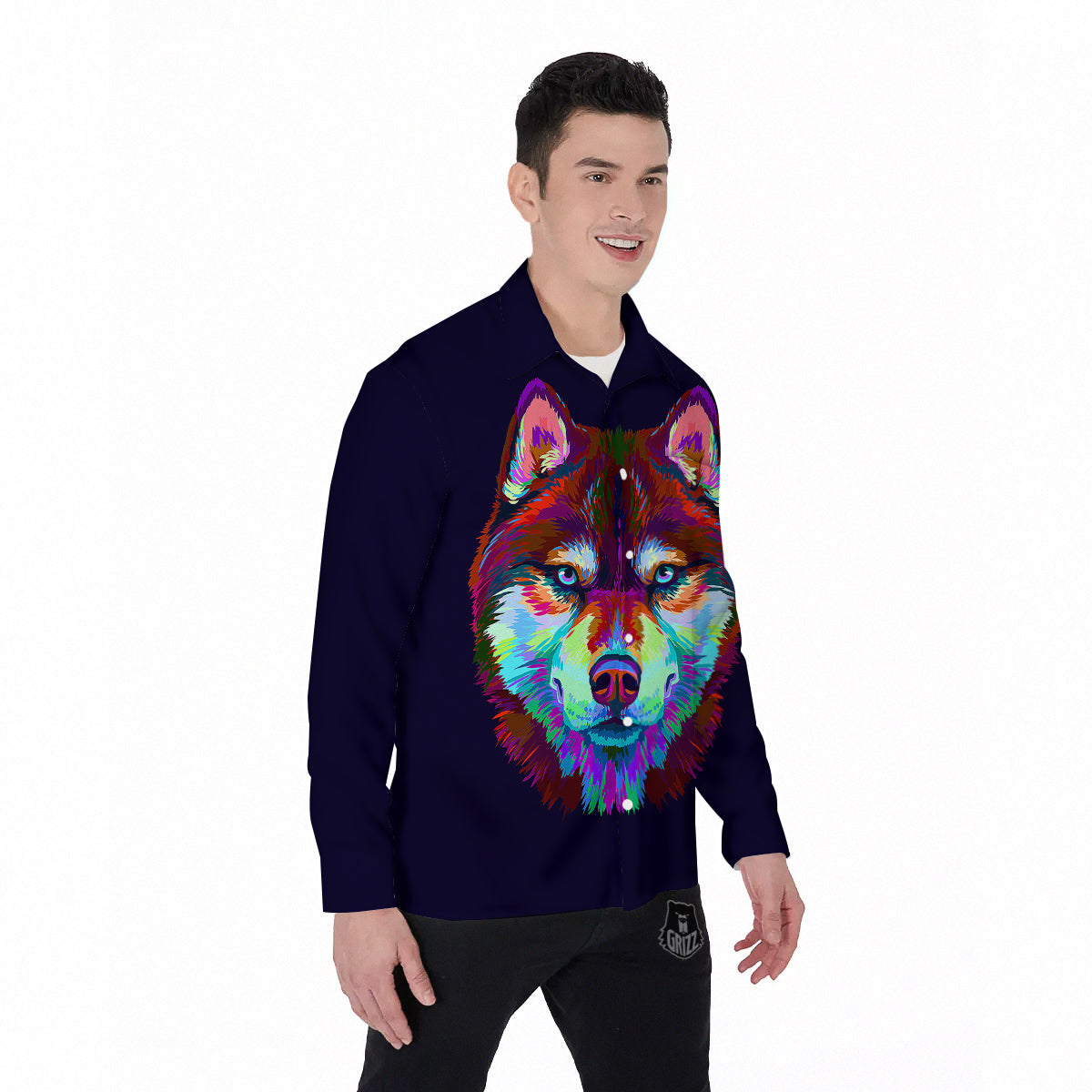 Siberian Husky Colorful Print Men's Long Sleeve Shirts-grizzshop