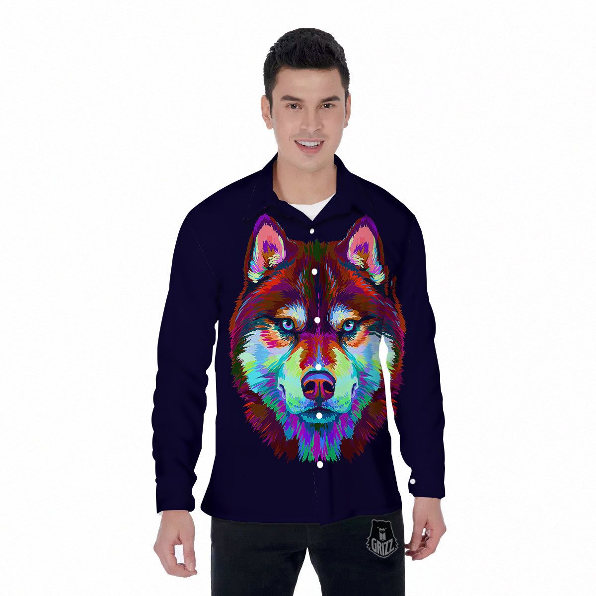Siberian Husky Colorful Print Men's Long Sleeve Shirts-grizzshop