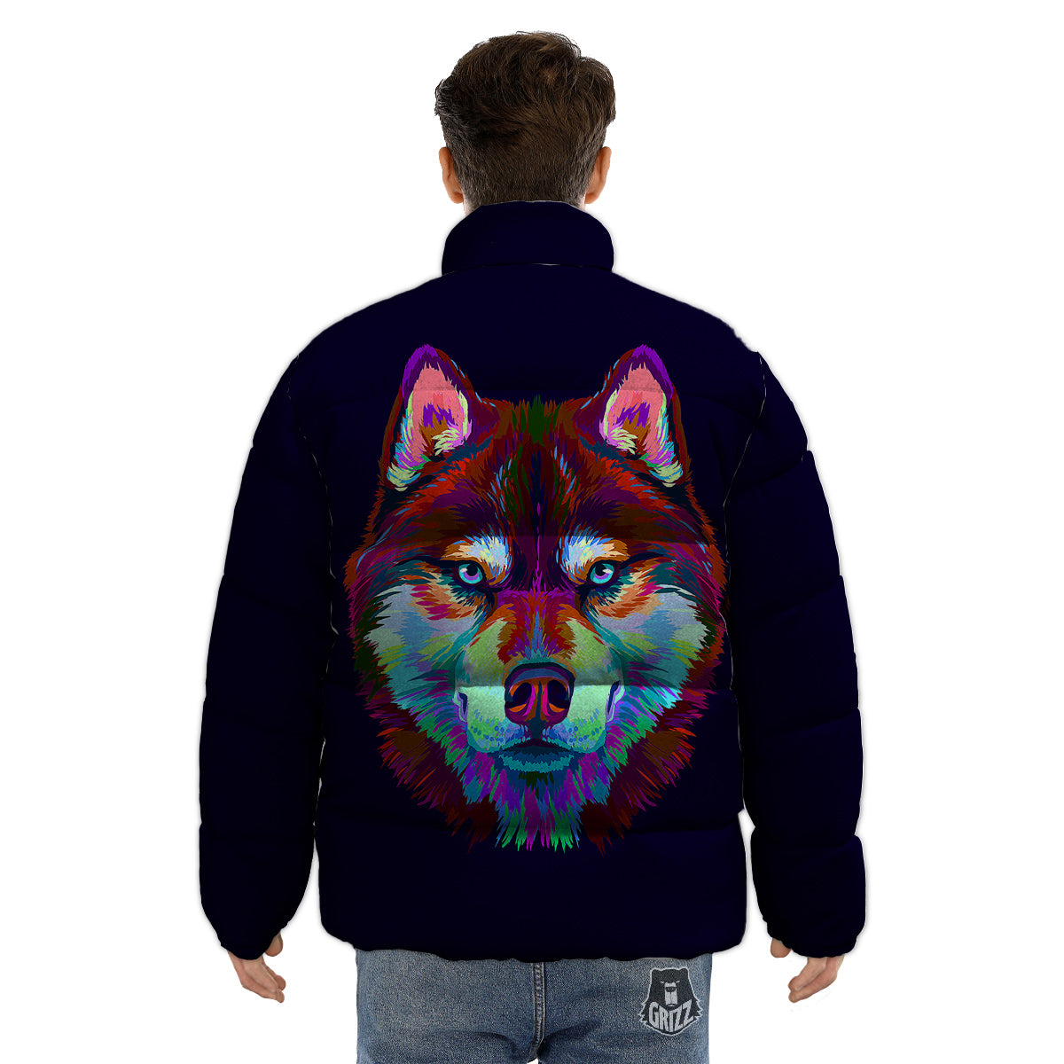 Siberian Husky Colorful Print Puffer Jacket-grizzshop