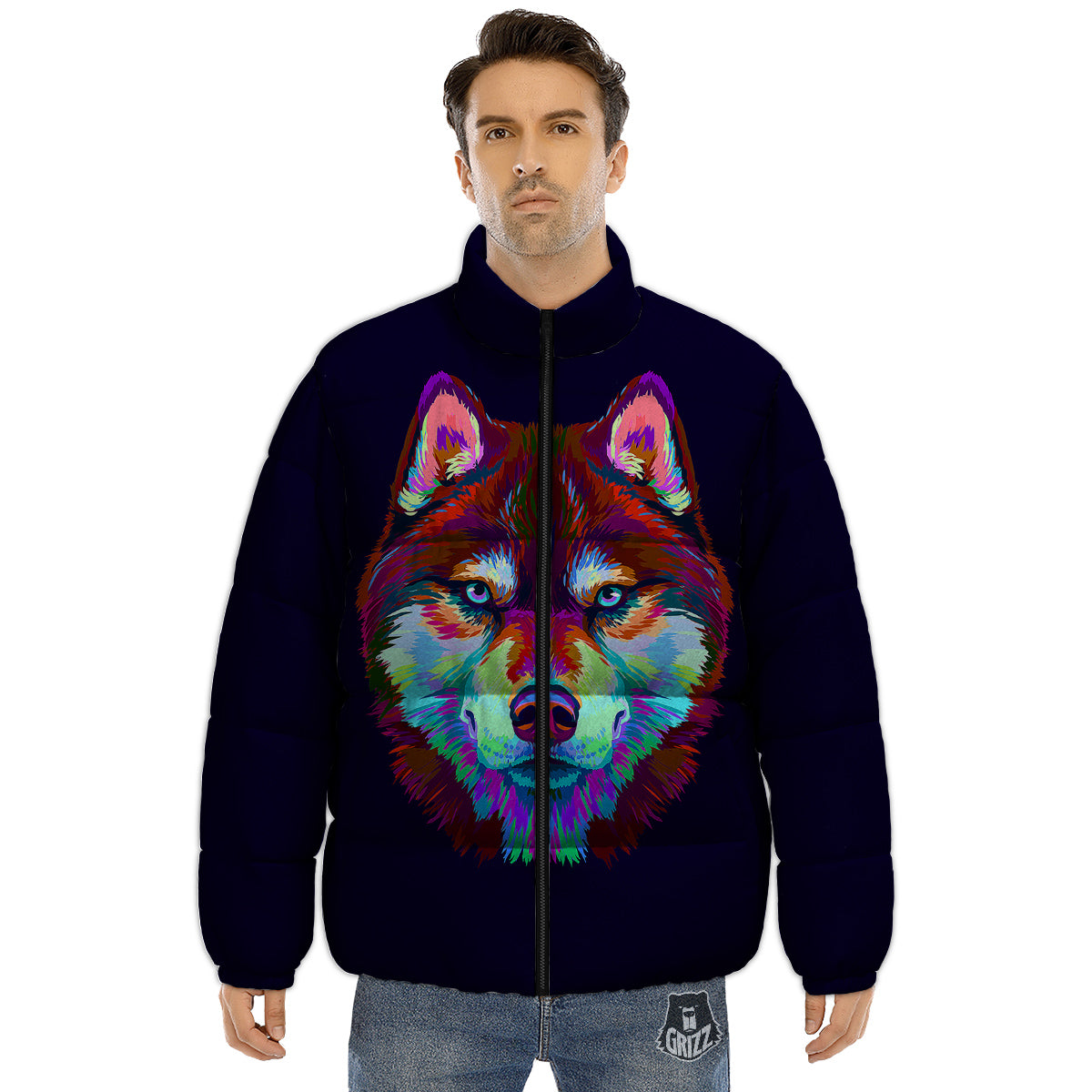 Siberian Husky Colorful Print Puffer Jacket-grizzshop