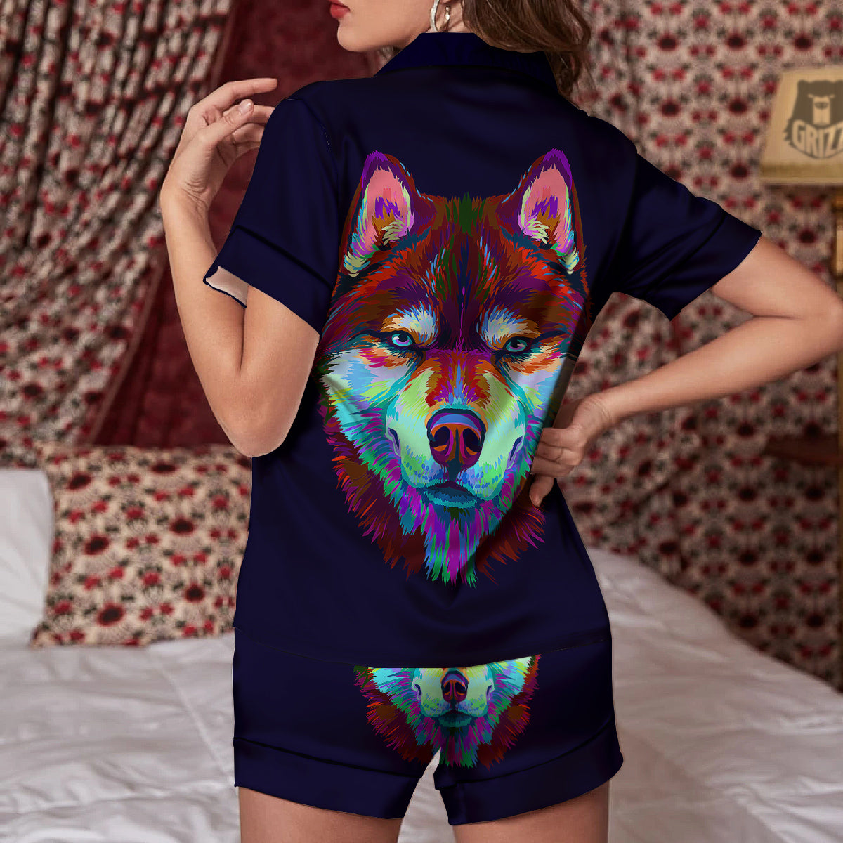 Siberian Husky Colorful Print Women Silk Pajamas-grizzshop