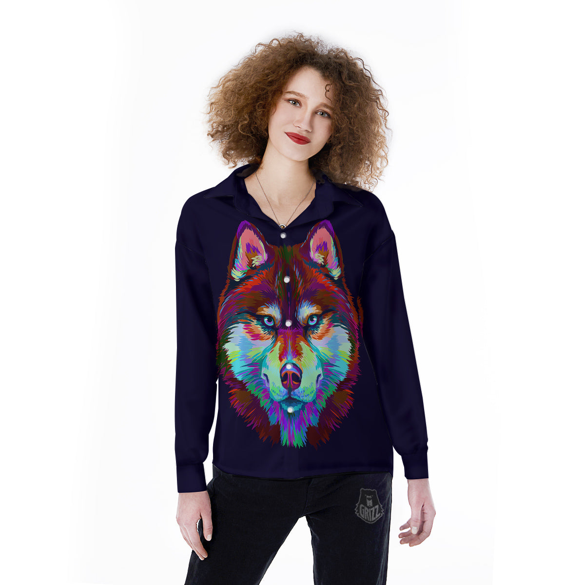 Siberian Husky Colorful Print Women's Long Sleeve Shirts-grizzshop