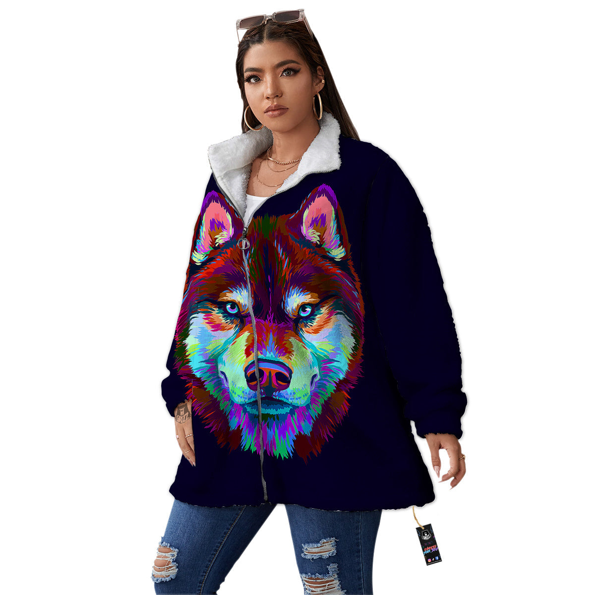 Siberian Husky Colorful Print Women's Sherpa Jacket-grizzshop