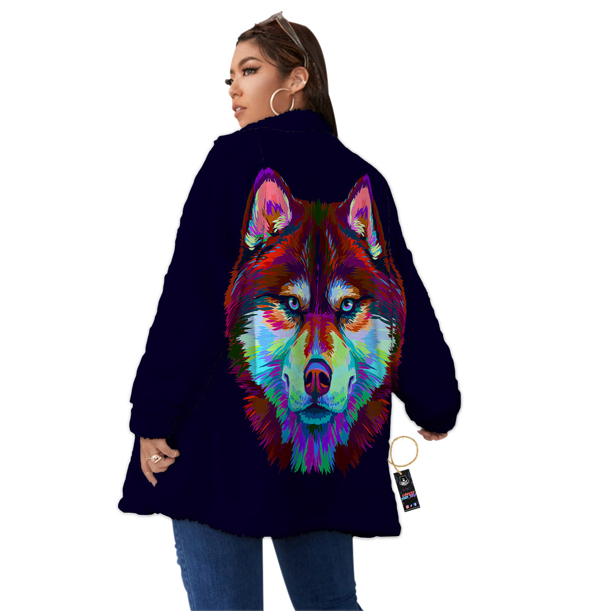 Siberian Husky Colorful Print Women's Sherpa Jacket-grizzshop