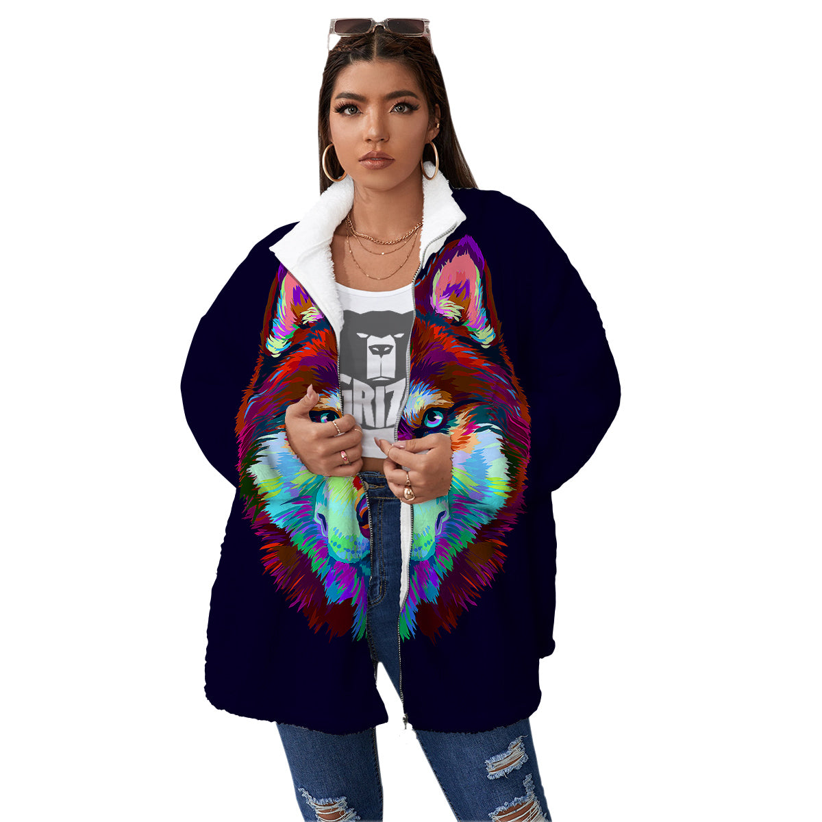 Siberian Husky Colorful Print Women's Sherpa Jacket-grizzshop