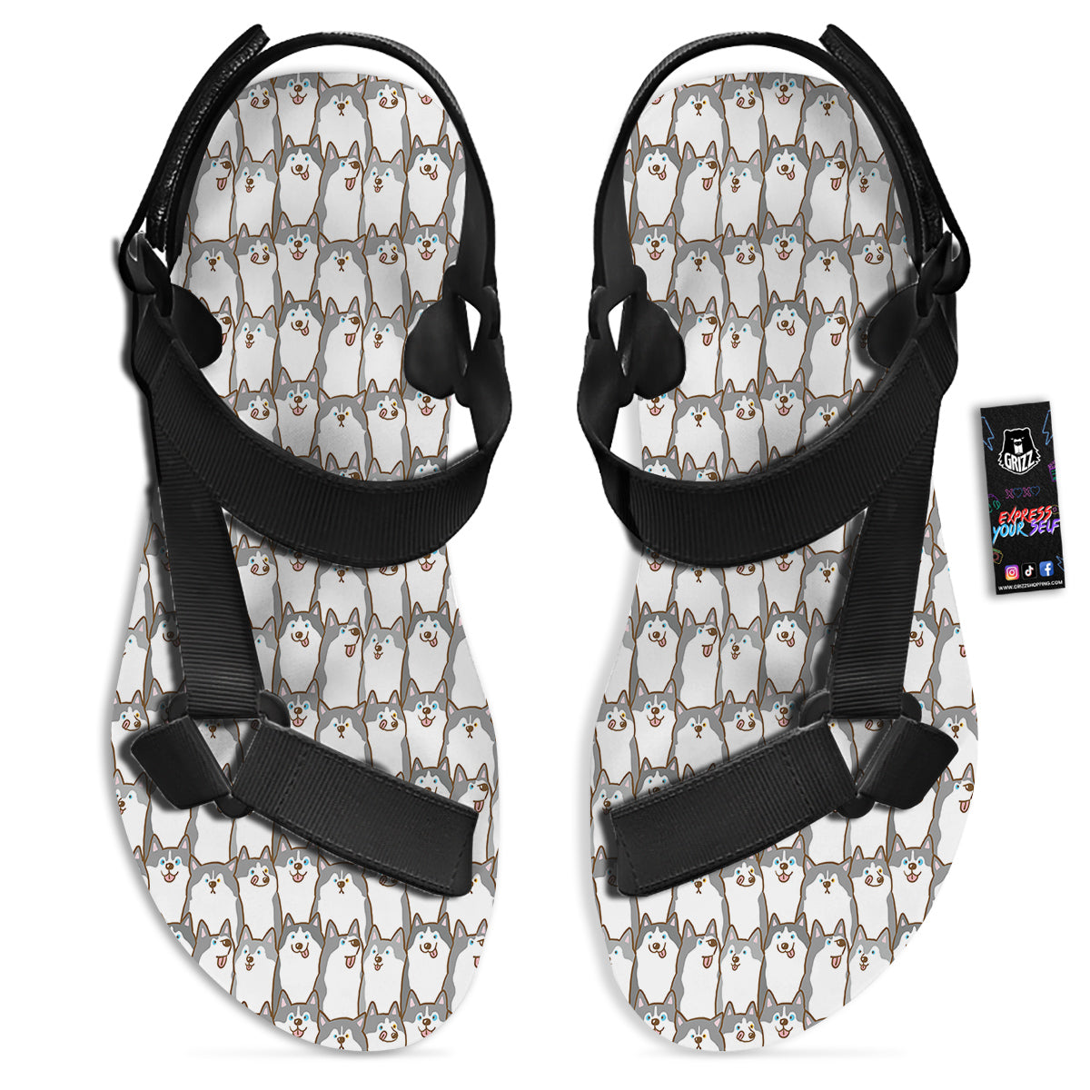 Siberian Husky Cute Print Pattern Black Open Toe Sandals-grizzshop