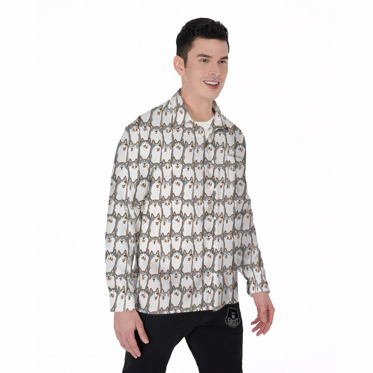 Siberian Husky Cute Print Pattern Men's Long Sleeve Shirts-grizzshop