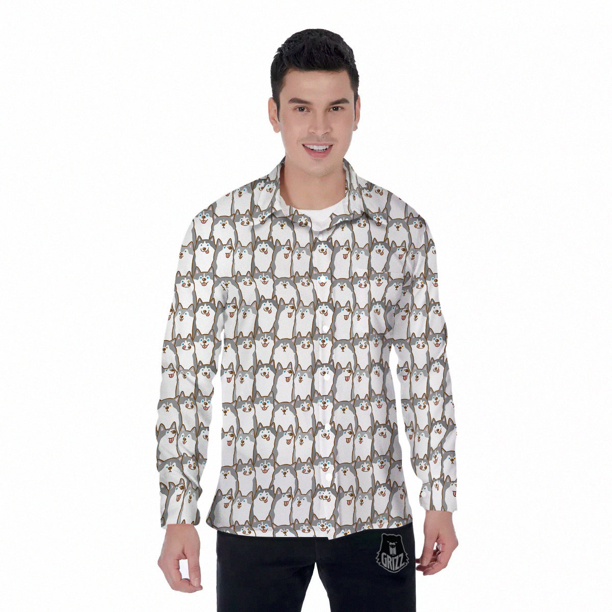 Siberian Husky Cute Print Pattern Men's Long Sleeve Shirts-grizzshop