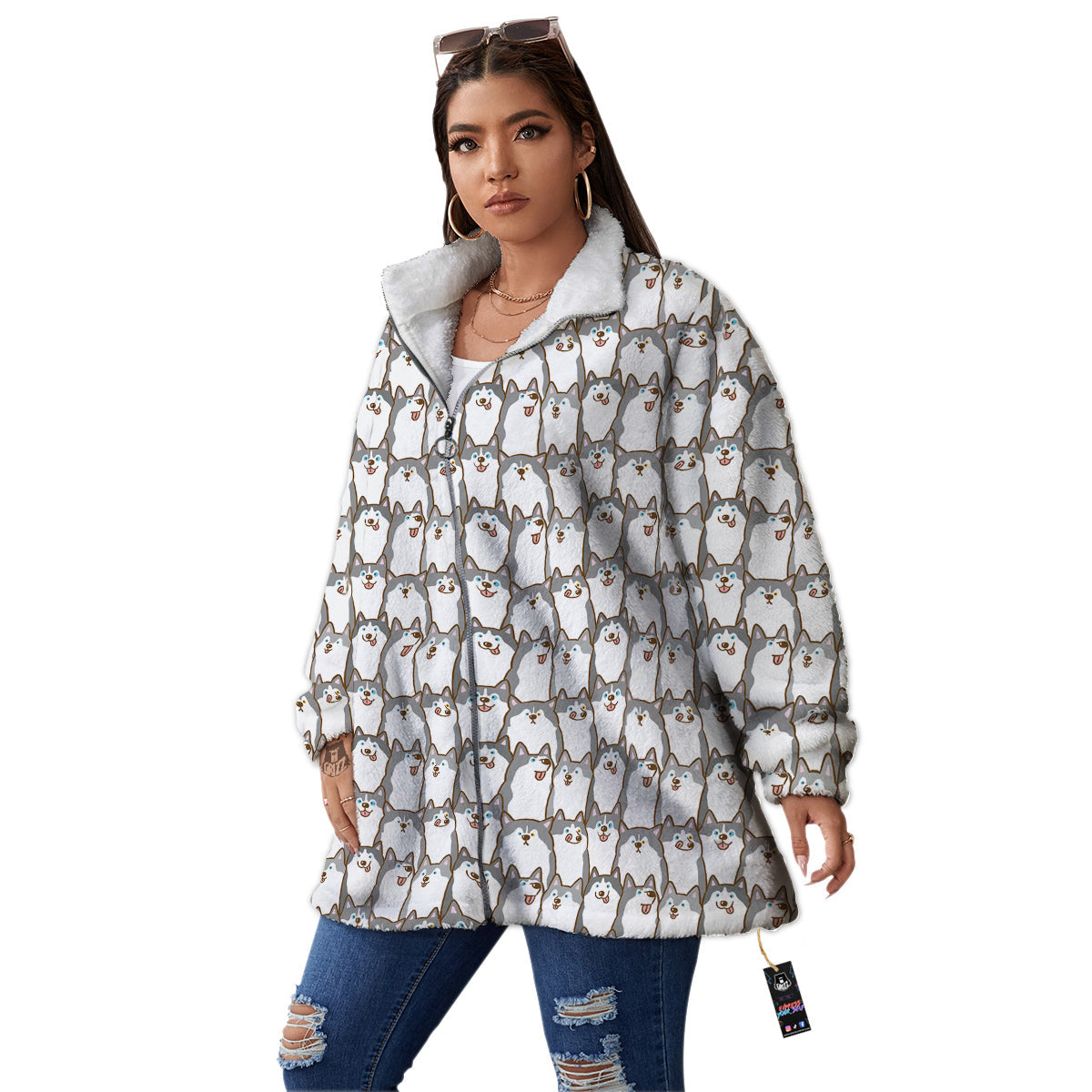 Siberian Husky Cute Print Pattern Women's Sherpa Jacket-grizzshop