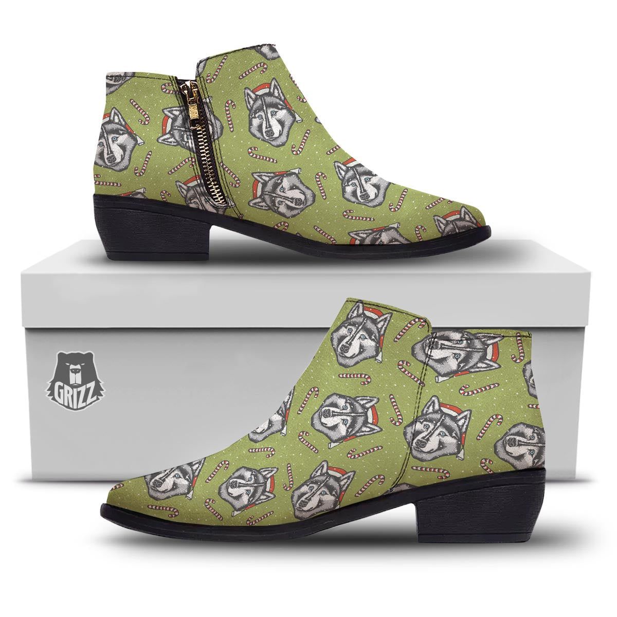 Siberian Husky Santa Print Pattern Ankle Boots-grizzshop