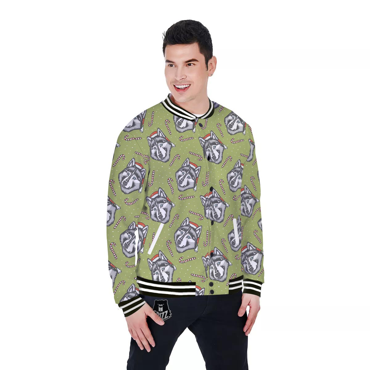 Siberian Husky Santa Print Pattern Baseball Jacket-grizzshop