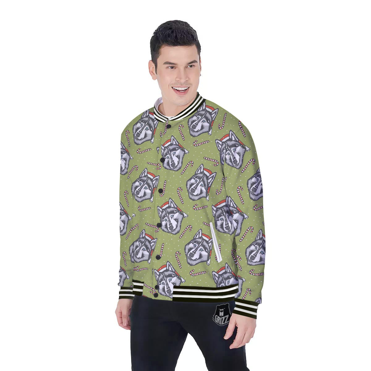 Siberian Husky Santa Print Pattern Baseball Jacket-grizzshop
