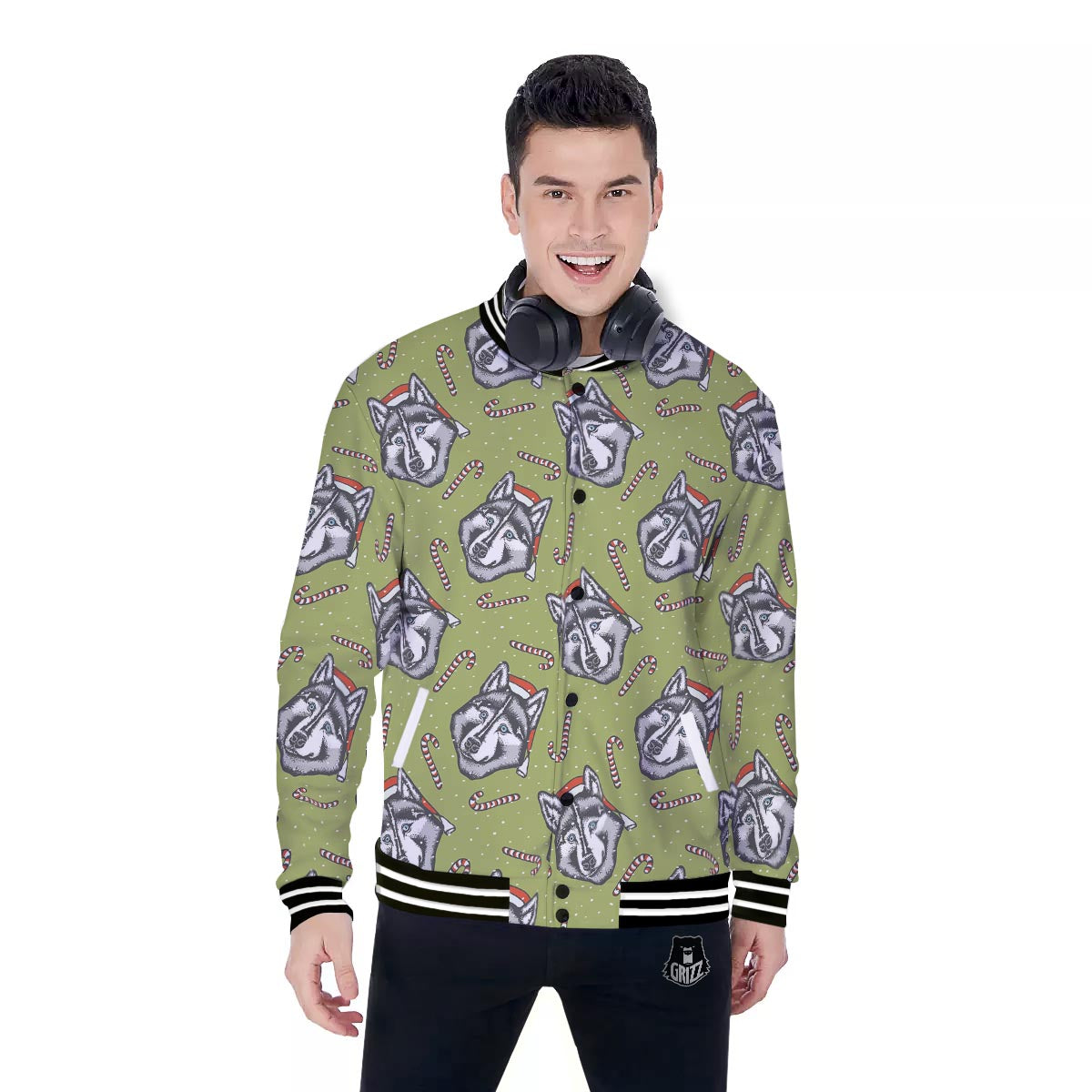 Siberian Husky Santa Print Pattern Baseball Jacket-grizzshop