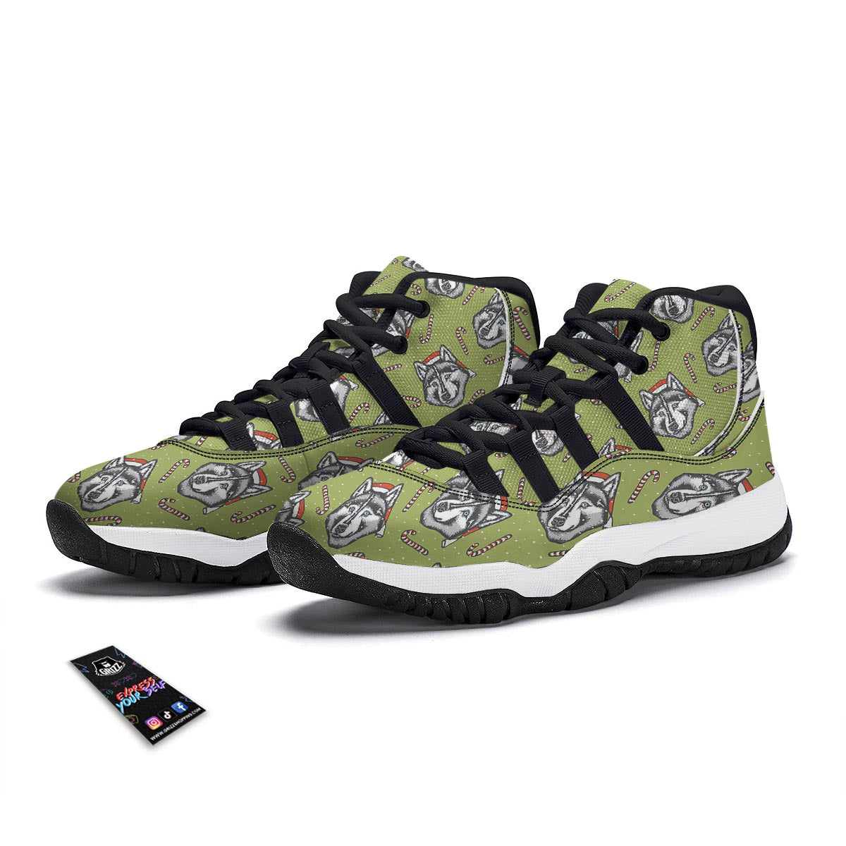 Siberian Husky Santa Print Pattern Black Bball Shoes-grizzshop