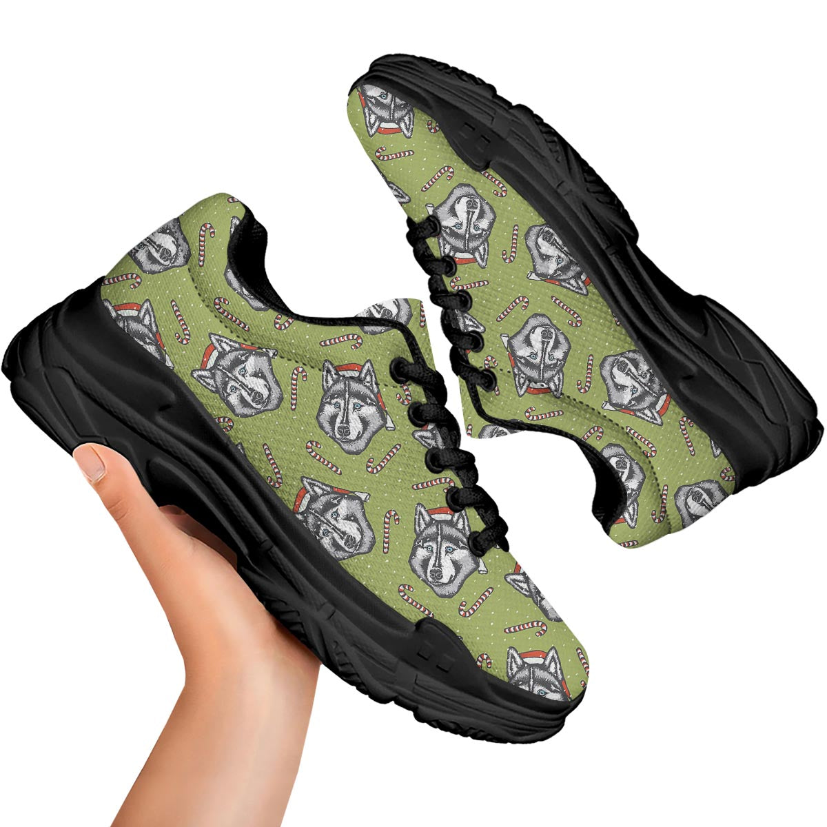 Siberian Husky Santa Print Pattern Black Chunky Shoes-grizzshop