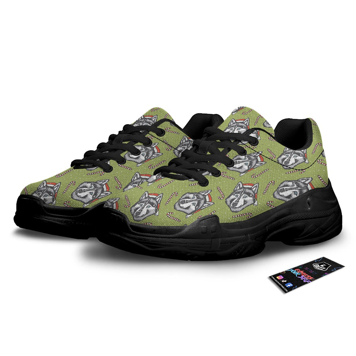 Siberian Husky Santa Print Pattern Black Chunky Shoes-grizzshop