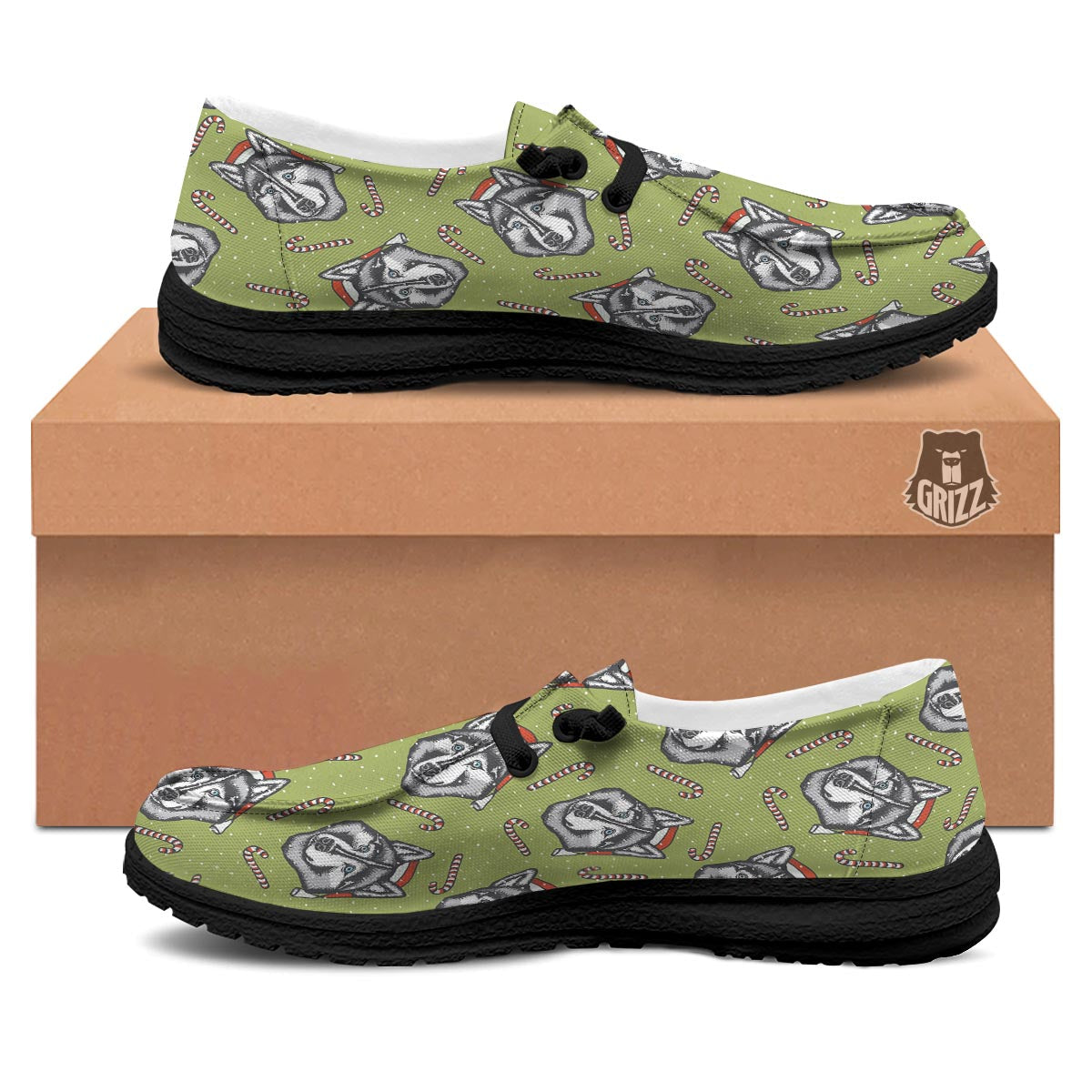 Siberian Husky Santa Print Pattern Black Loafers-grizzshop