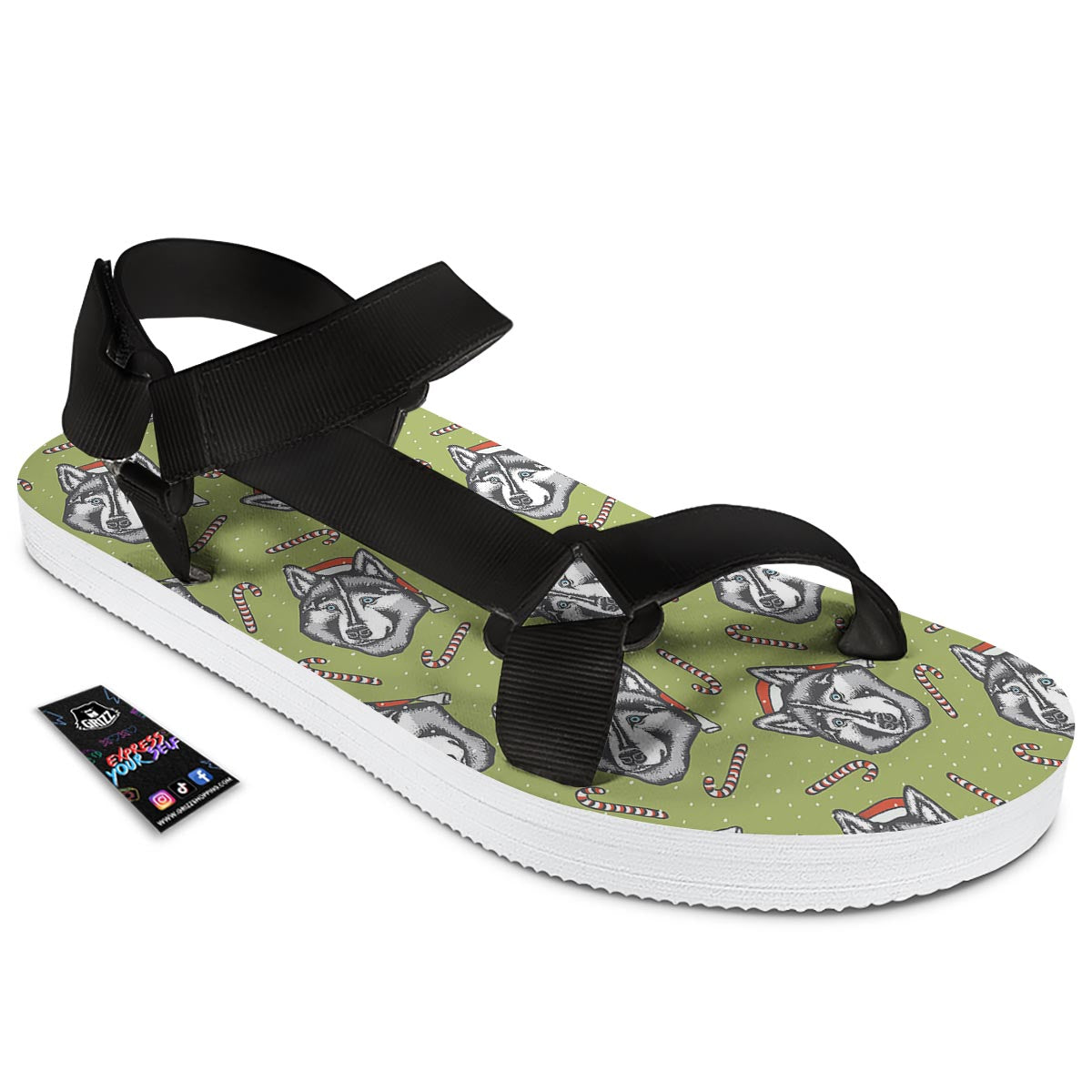 Siberian Husky Santa Print Pattern Black Open Toe Sandals-grizzshop
