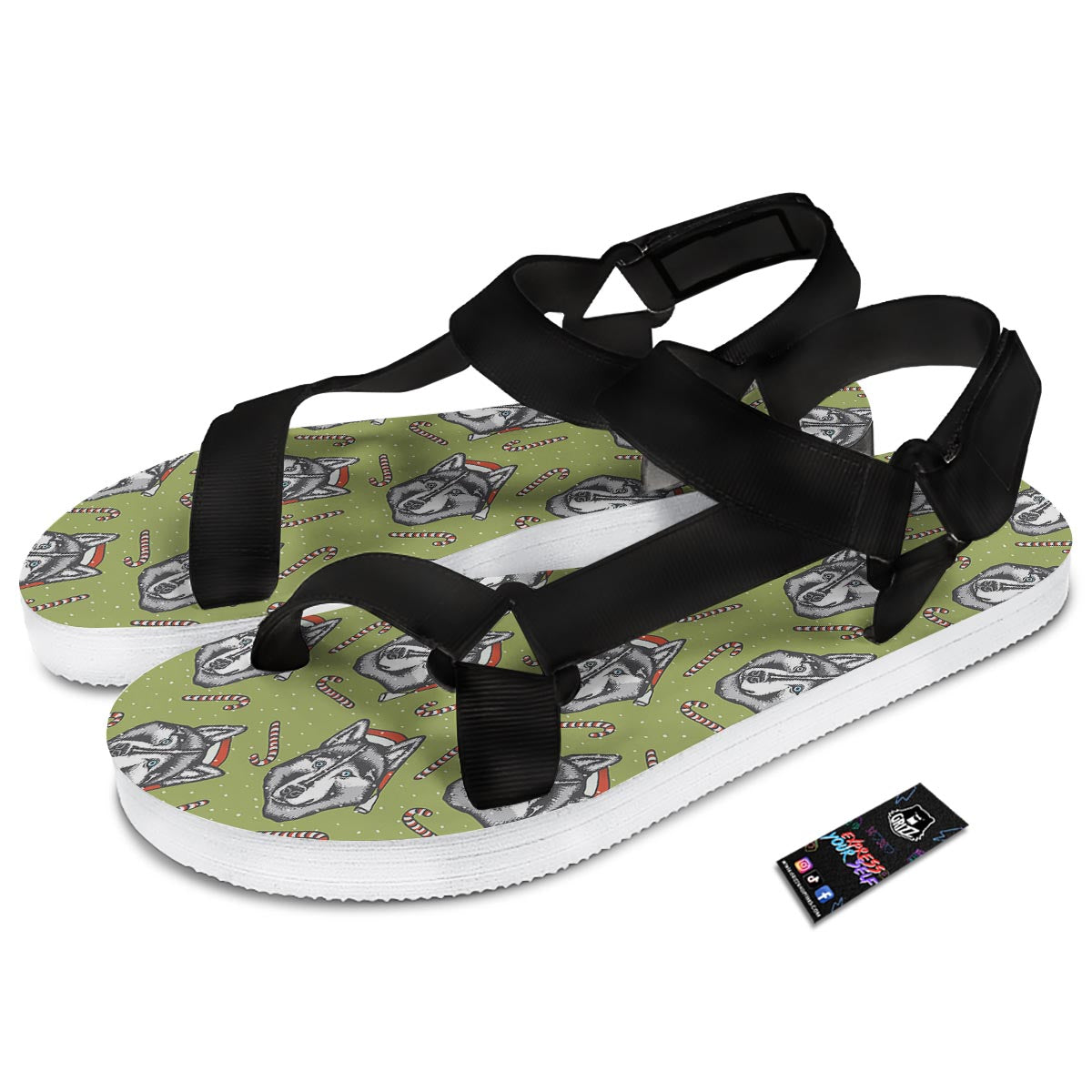 Siberian Husky Santa Print Pattern Black Open Toe Sandals-grizzshop