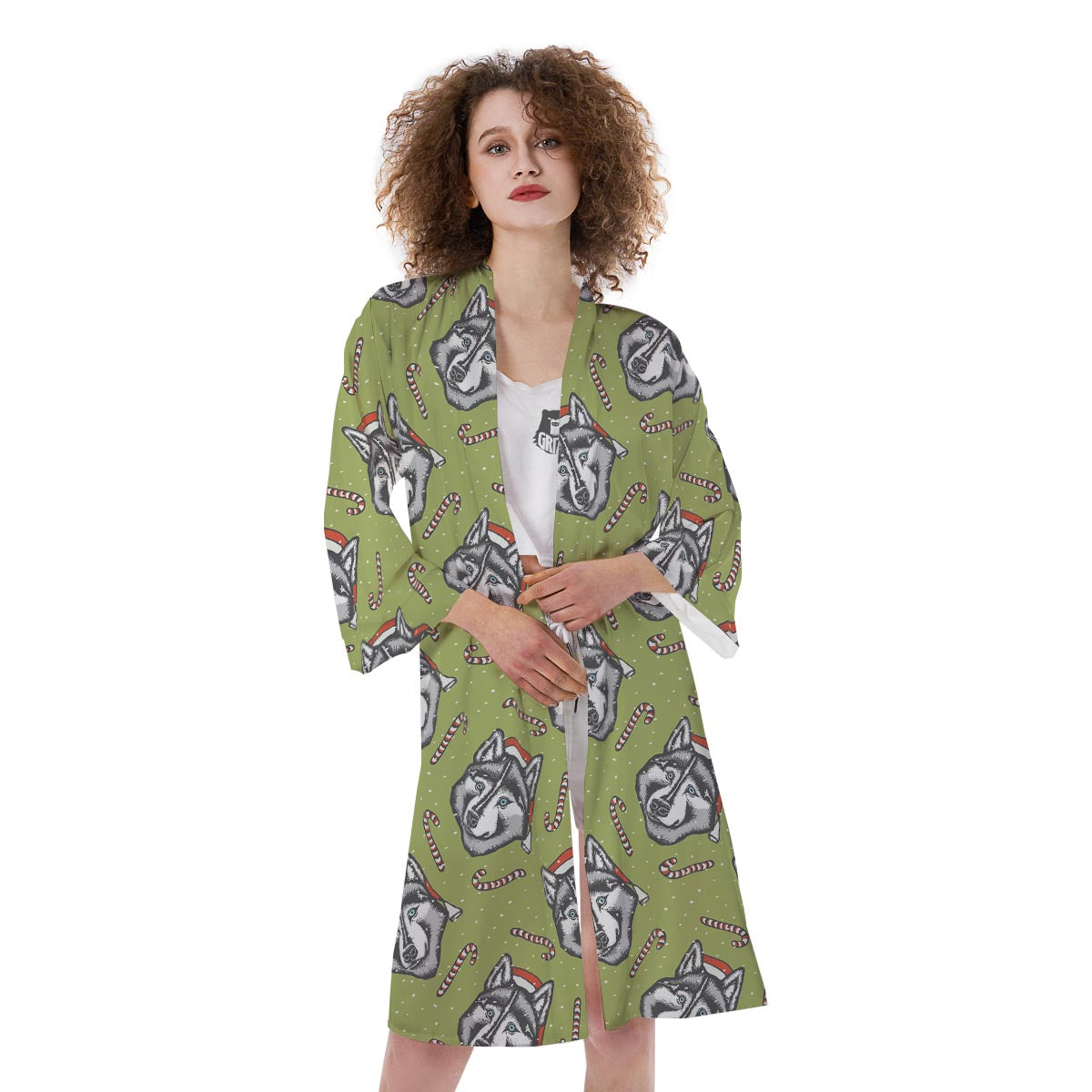 Siberian Husky Santa Print Pattern Kimono-grizzshop