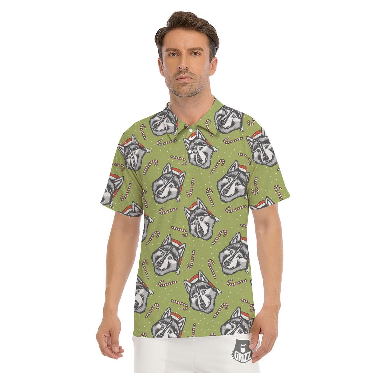 Siberian Husky Santa Print Pattern Men's Golf Shirts-grizzshop