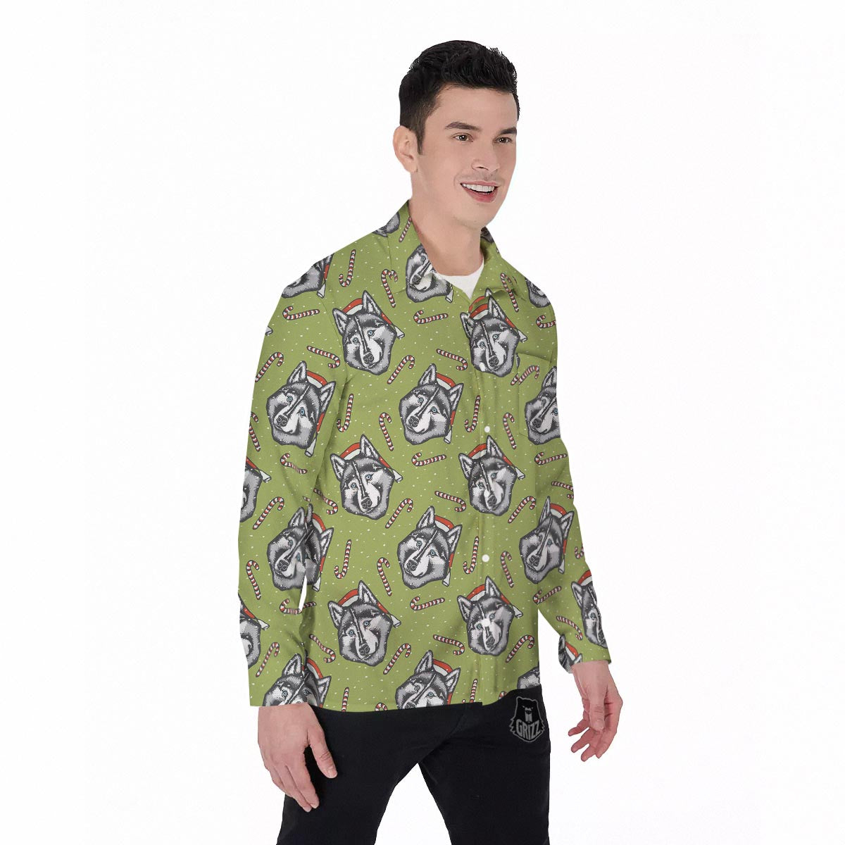 Siberian Husky Santa Print Pattern Men's Long Sleeve Shirts-grizzshop