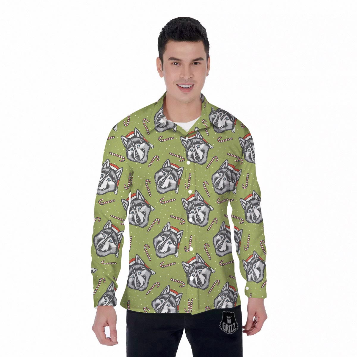 Siberian Husky Santa Print Pattern Men's Long Sleeve Shirts-grizzshop