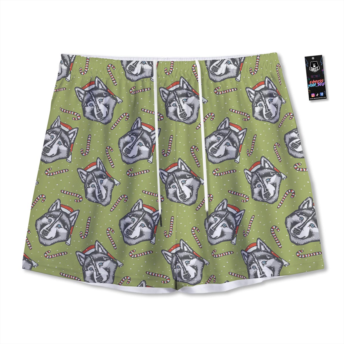 Siberian Husky Santa Print Pattern Mesh Shorts