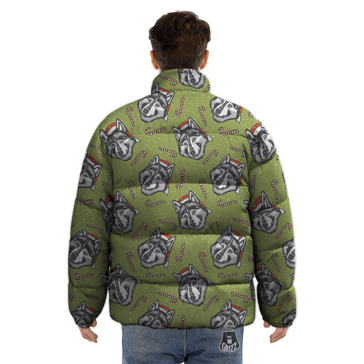 Siberian Husky Santa Print Pattern Puffer Jacket-grizzshop