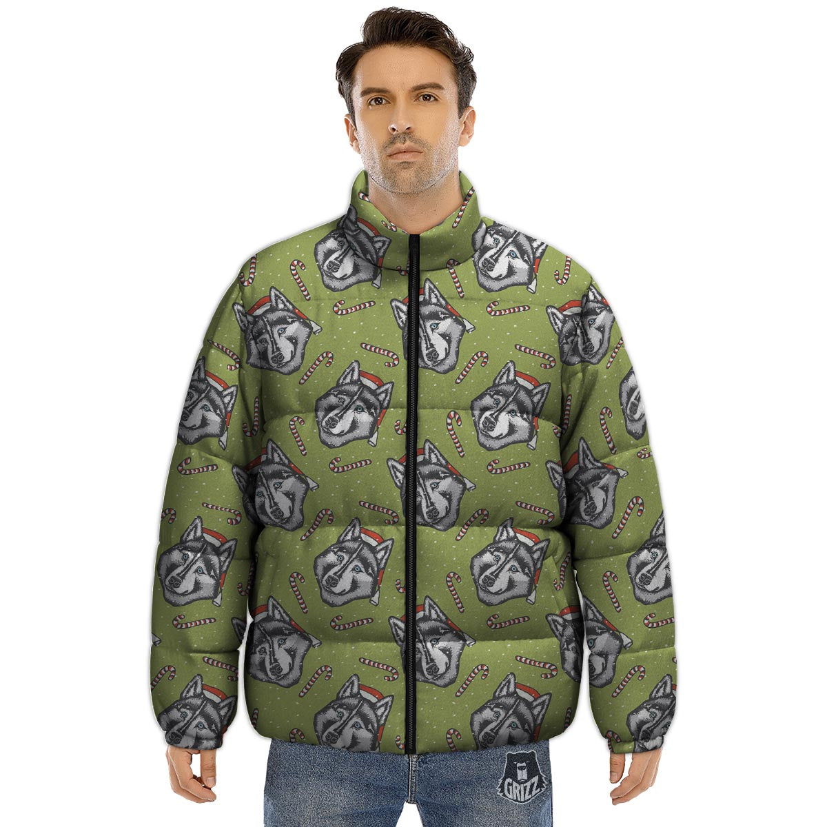 Siberian Husky Santa Print Pattern Puffer Jacket-grizzshop
