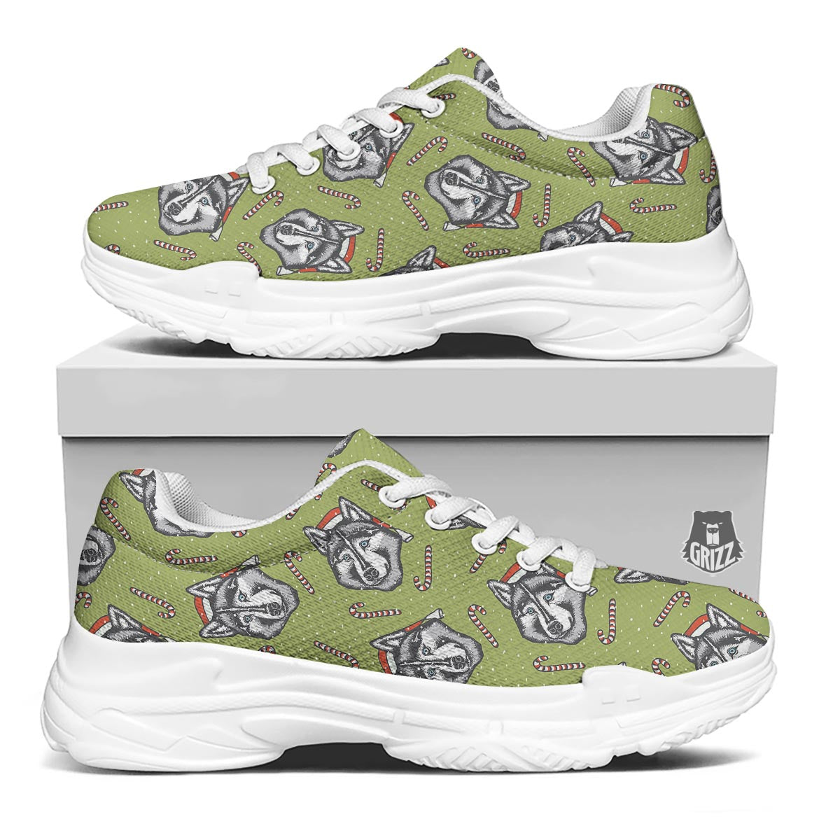 Siberian Husky Santa Print Pattern White Chunky Shoes-grizzshop