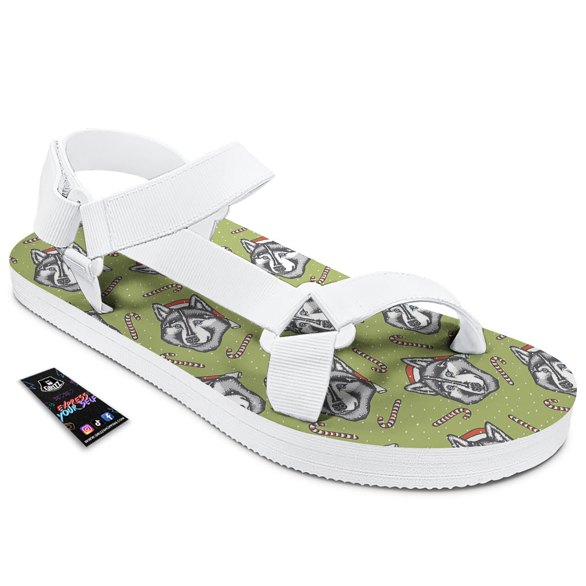Siberian Husky Santa Print Pattern White Open Toe Sandals-grizzshop