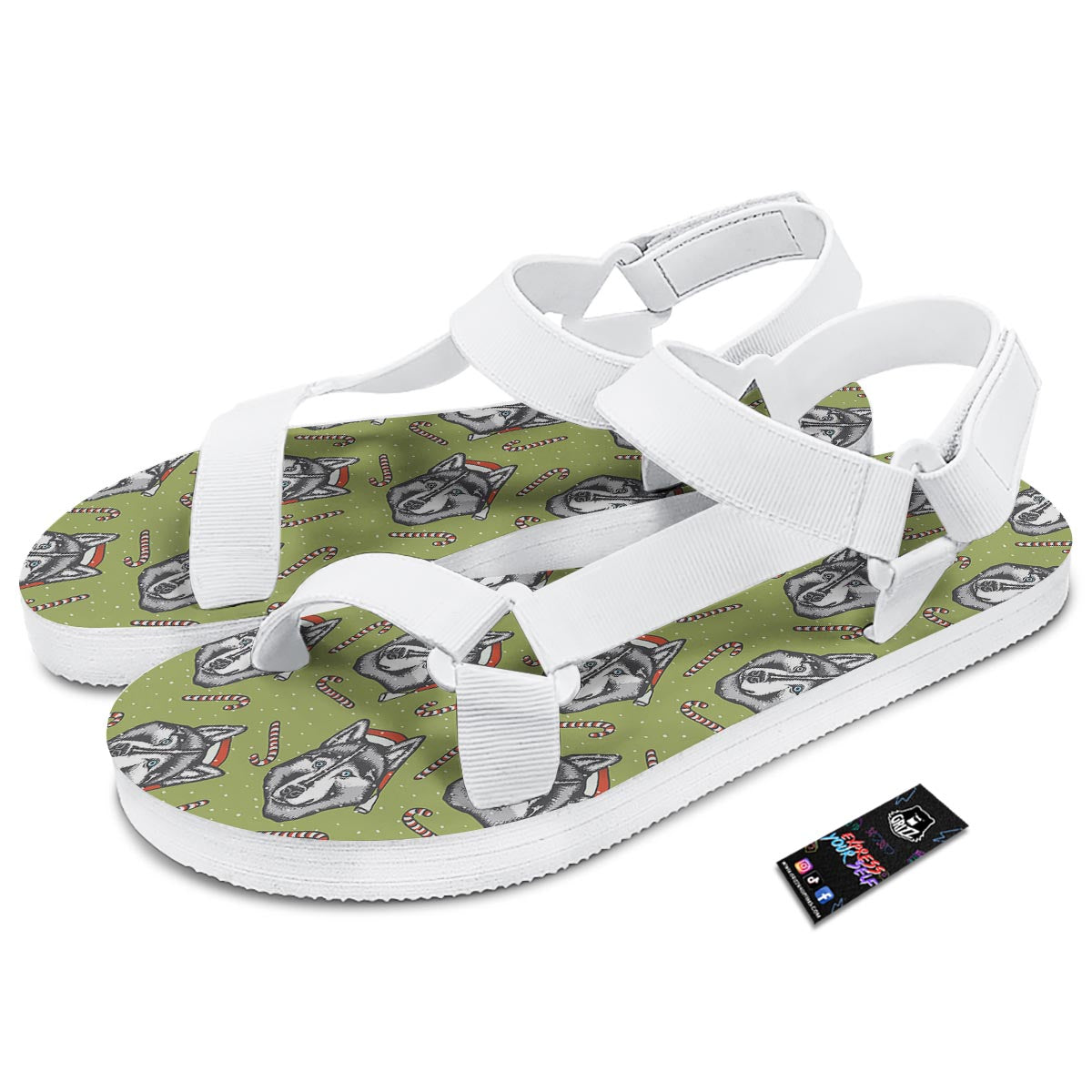 Siberian Husky Santa Print Pattern White Open Toe Sandals-grizzshop