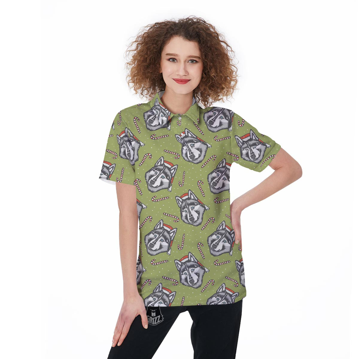 Siberian Husky Santa Print Pattern Women's Golf Shirts-grizzshop