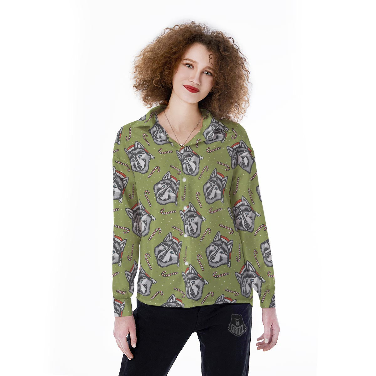Siberian Husky Santa Print Pattern Women's Long Sleeve Shirts-grizzshop